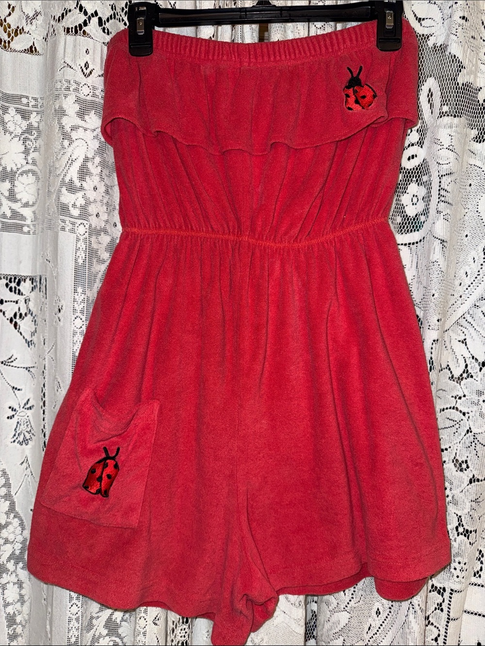 Strapless Red Terry Romper with Ladybug Detail